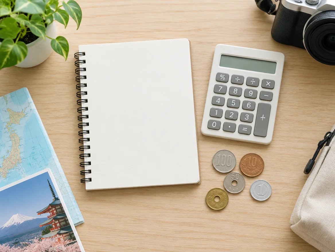 Yen notes and coins beside a small travel budget notepad