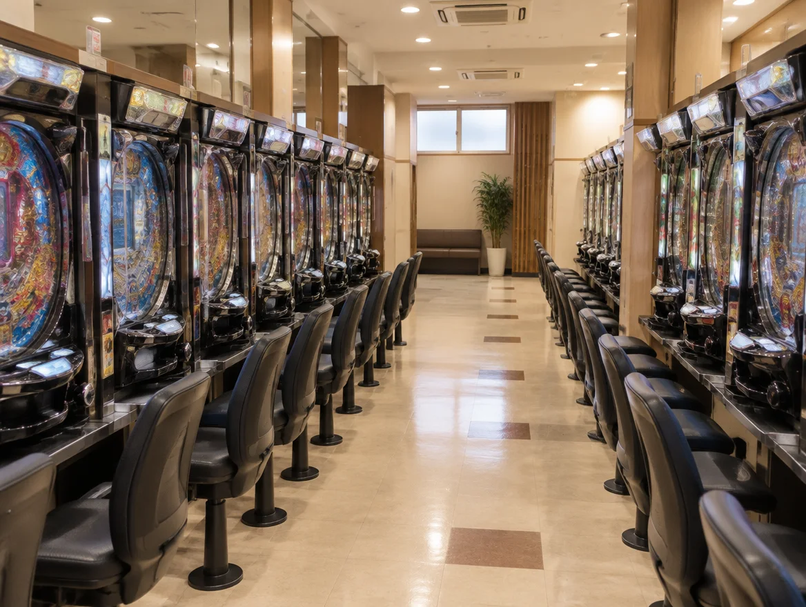 Bright pachinko hall interior aisle in daylight