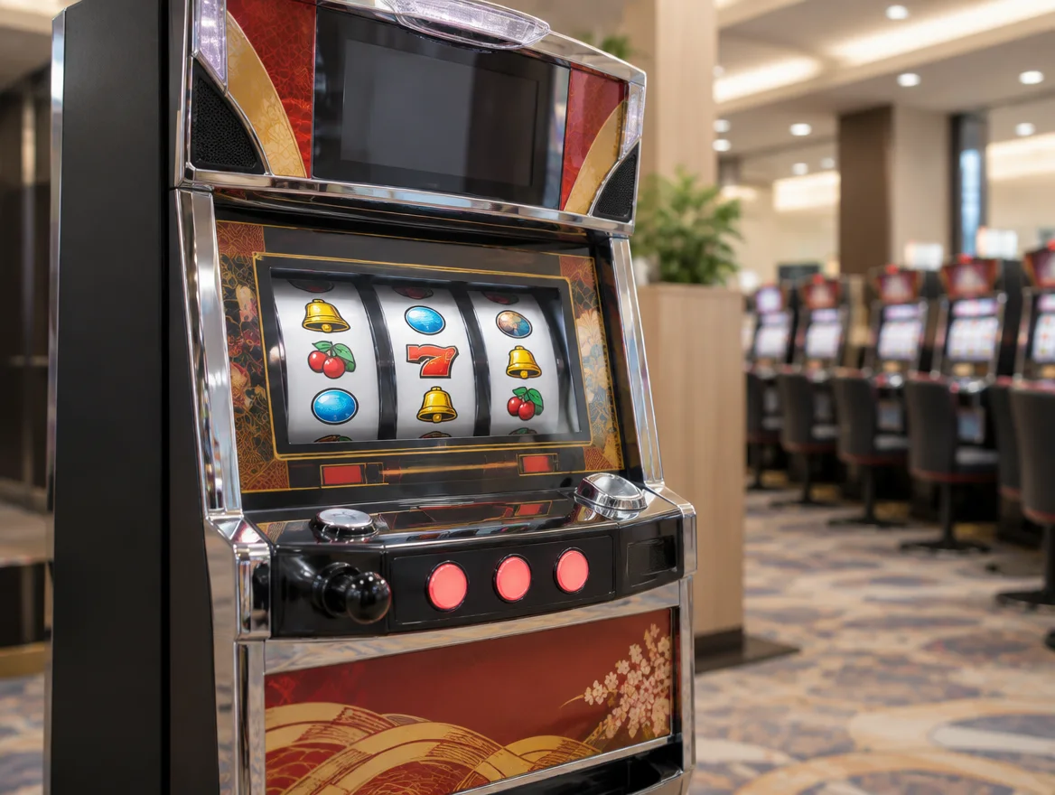 Pachislot cabinet with reels and stop buttons in daylight